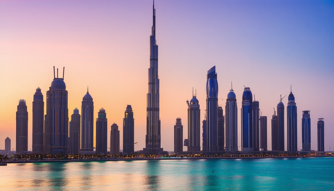 Dubai skyline with Burj Khalifa at sunset