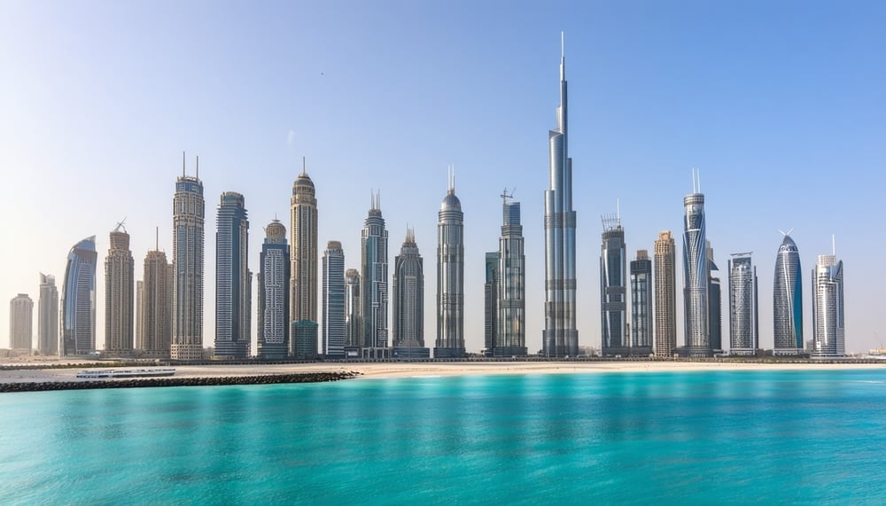Iconic Dubai skyline with famous landmarks Iconic Dubai skyline with famous landmarks