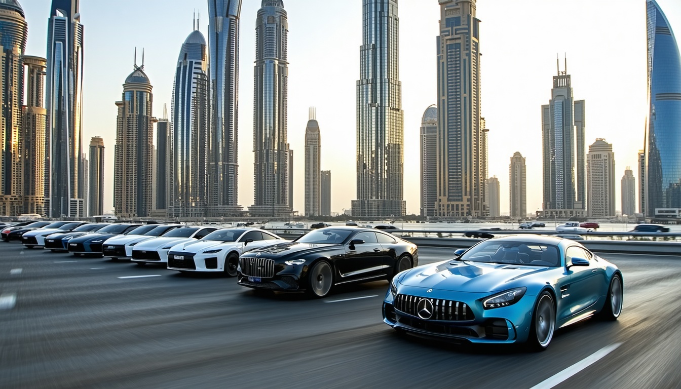 Luxury cars driving through Dubai cityscape