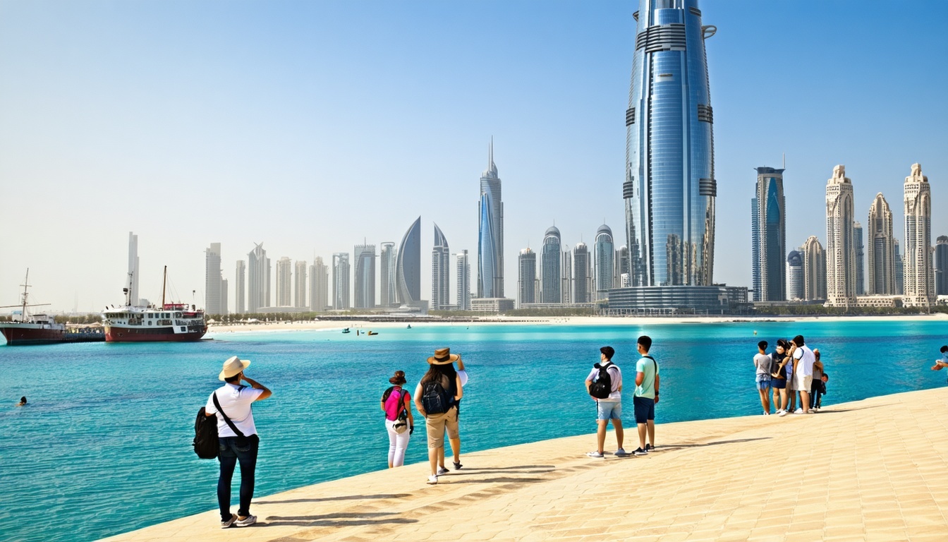 Tourists exploring Dubai attractions with travel guide